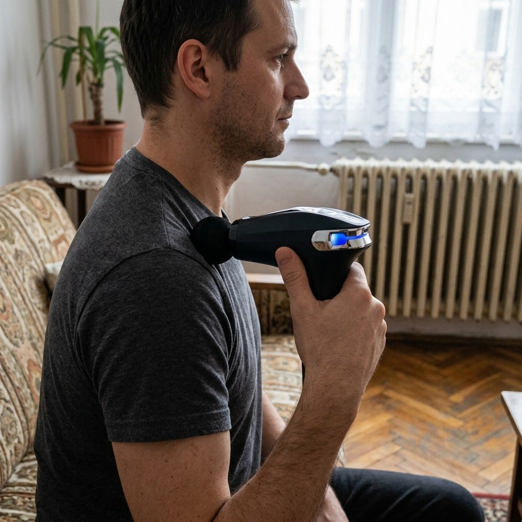 Hordozható ütögető masszázspisztoly testre, nyakra és hátra - használat közben