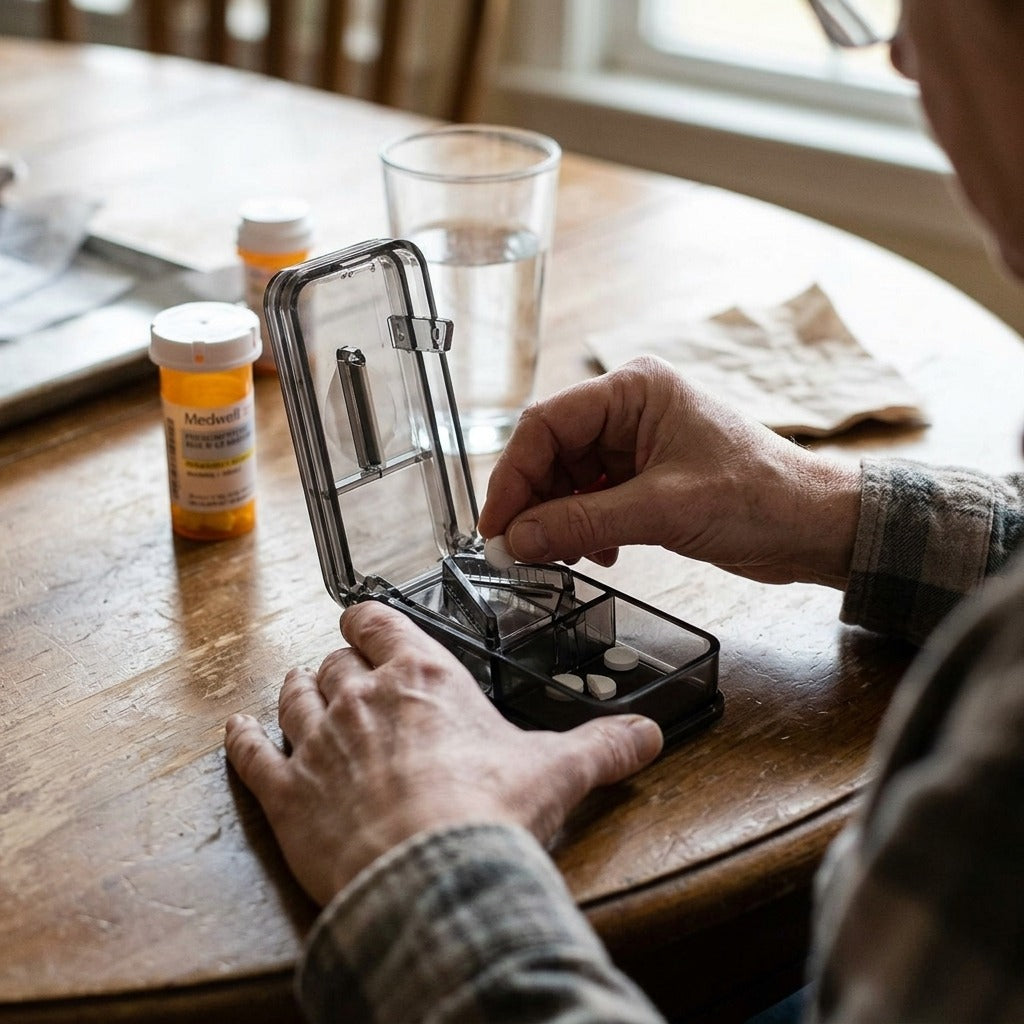 Portable Pill Cutter with Dual Storage Compartments - in use