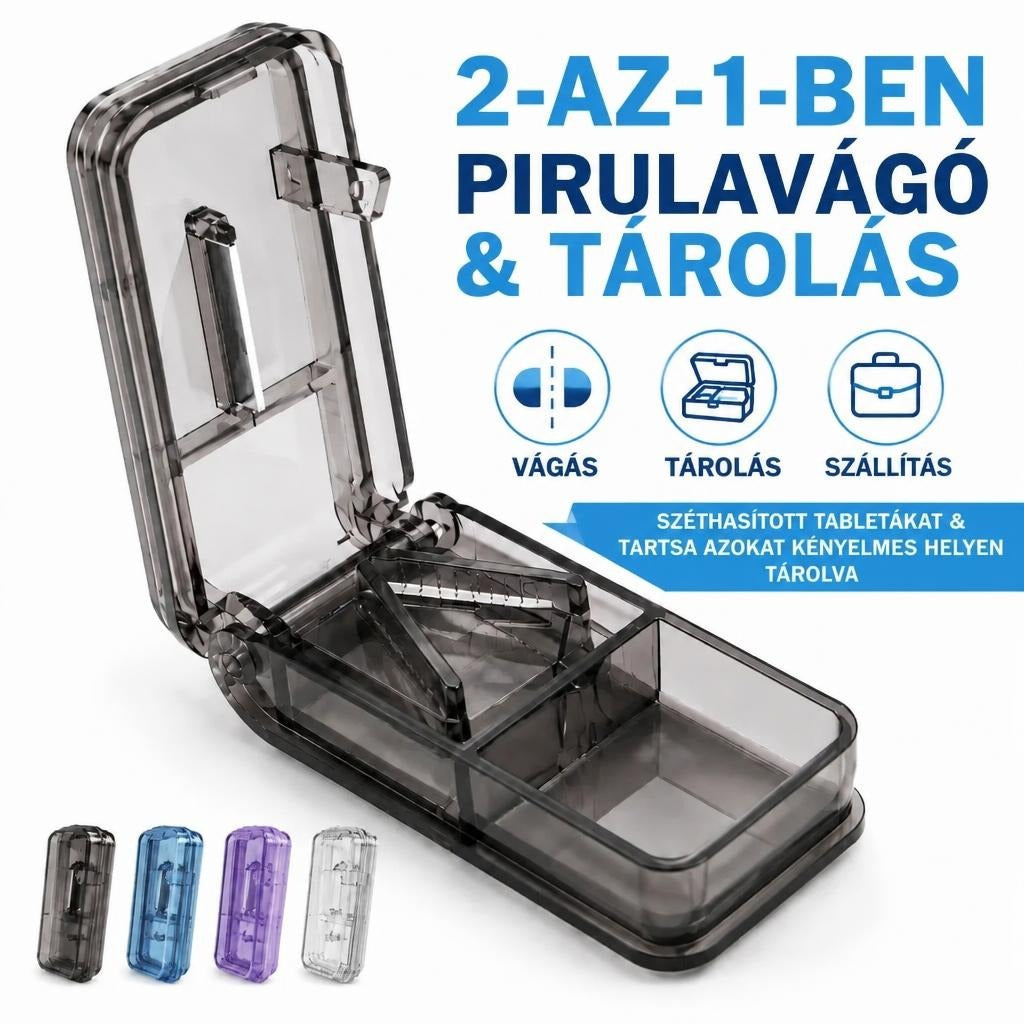 2 az 1-ben pirulavágó és tároló doboz nyitott állapotban, alul elérhető színváltozatokkal.