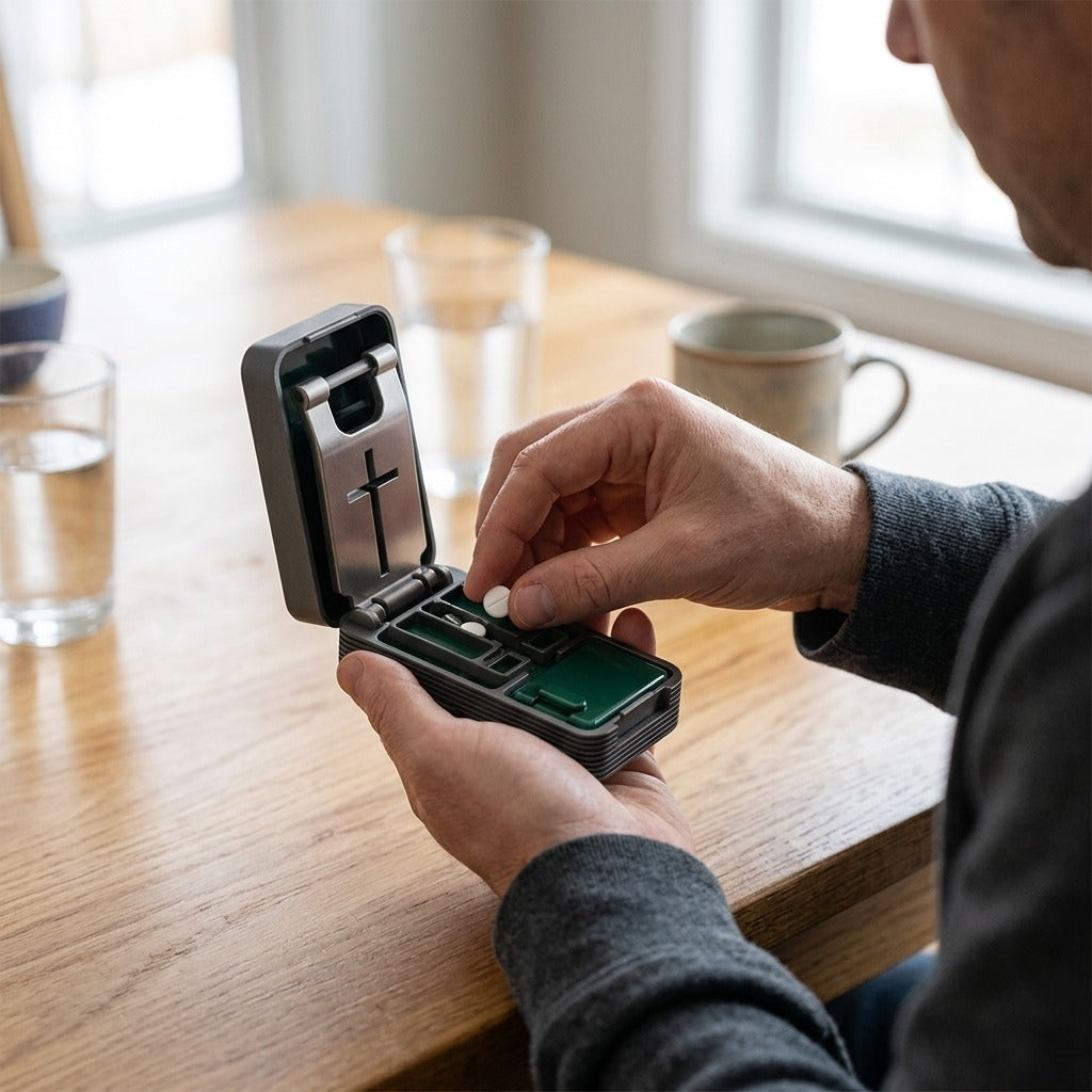 Portable Pill Cutter with Sealed Storage - in use