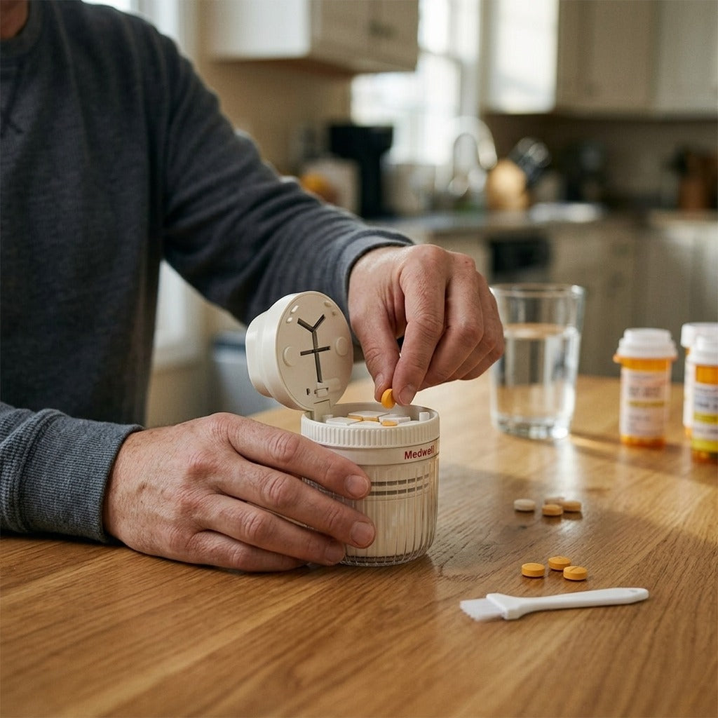 Portable Pill Splitter, Cutter and Grinder with Pill Box - in use