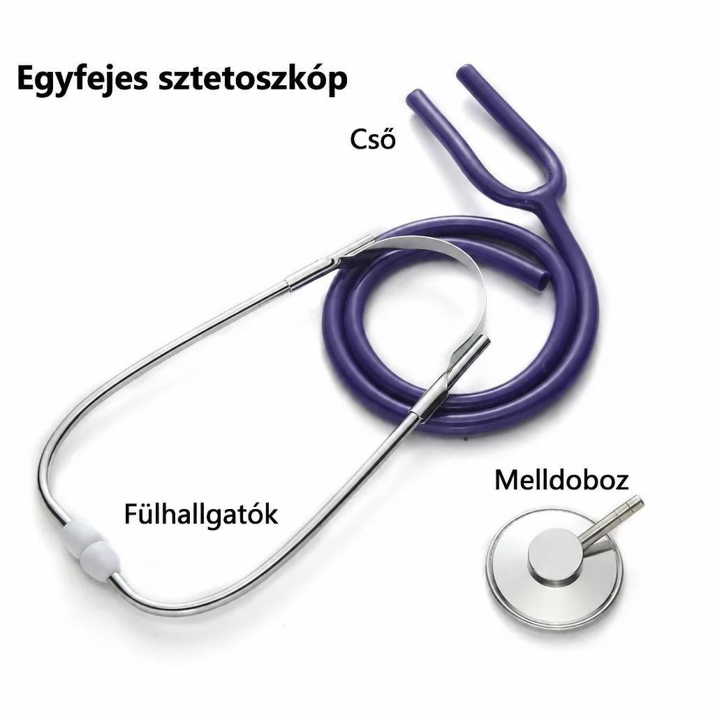Szétszerelt egyfejes lila sztetoszkóp részei: fülhallgatók, cső és melldoboz.