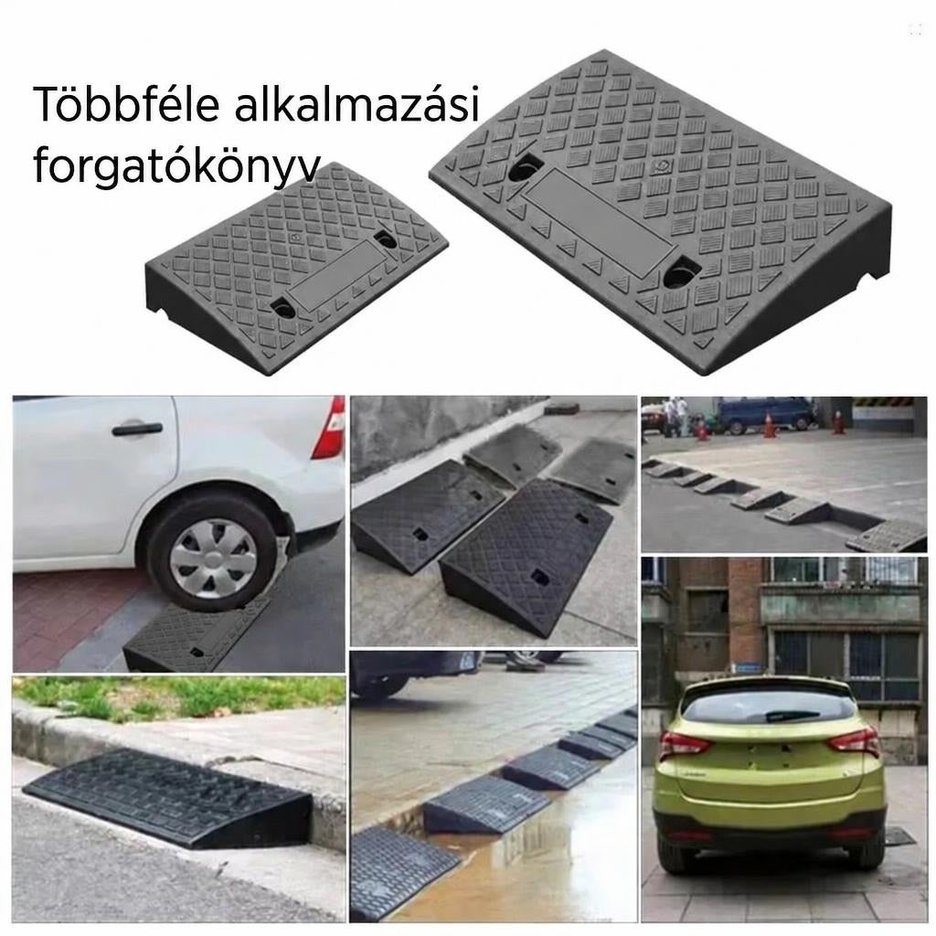 Fekete műanyag járdaszegély rámpák különféle felhasználási helyzetekben, autókkal.