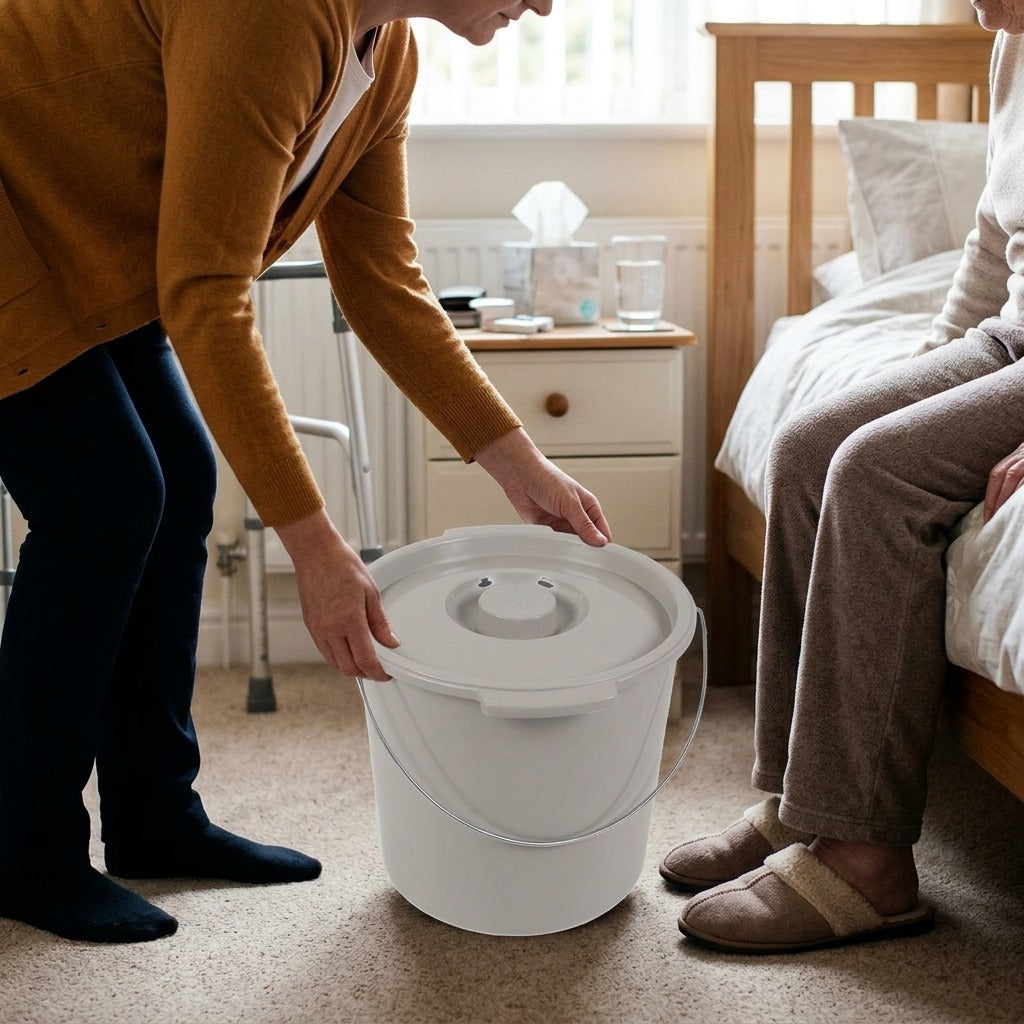 Portable Toilet Bucket with Lid - in use