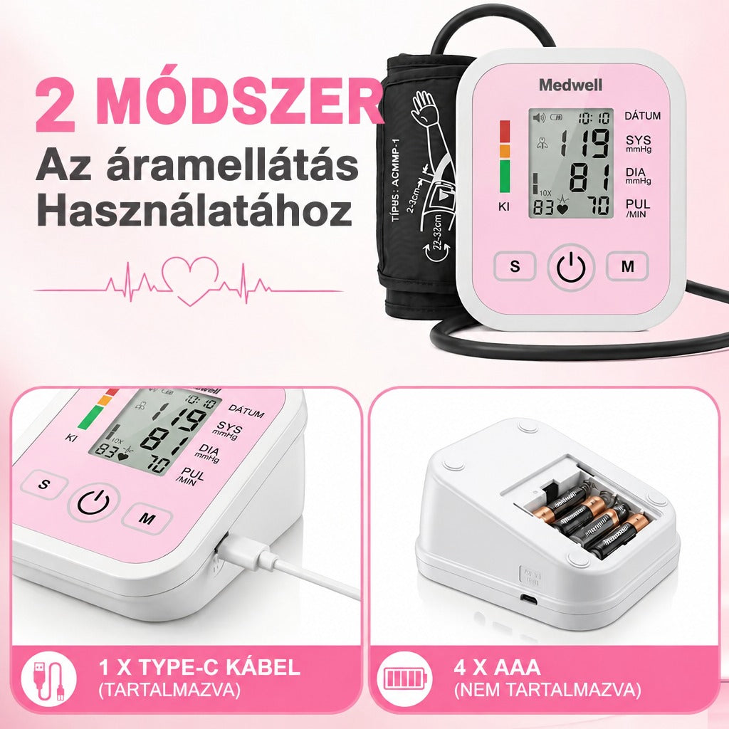 Vérnyomásmérő kétféle tápellátási móddal: Type-C kábellel vagy 4 darab AAA elemmel.