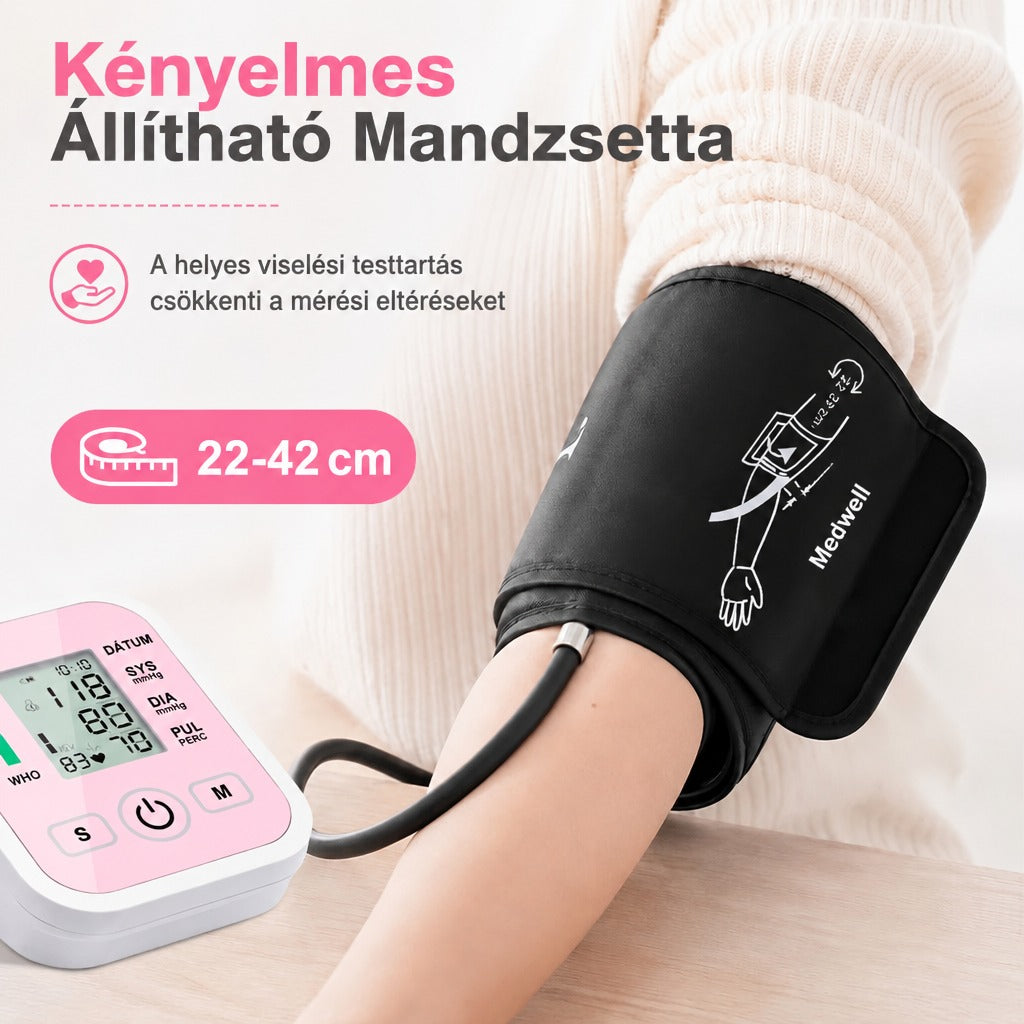 Vérnyomásmérő kényelmes, 22–42 cm-es állítható mandzsettával a karon.