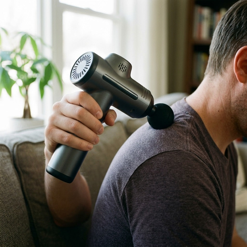 Portable Vibration Massage Gun for Neck, Back and Body - in use