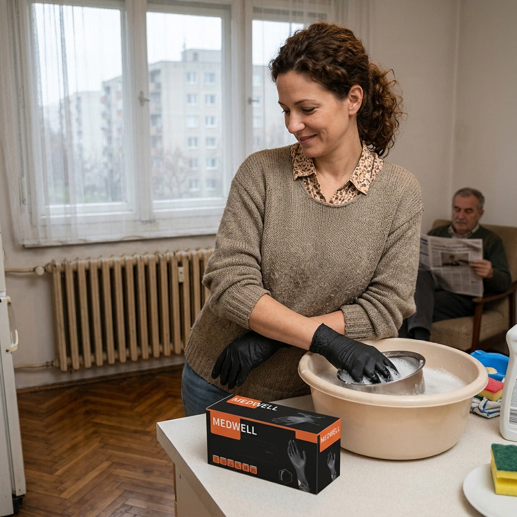 Hintőpormentes, egyszer használatos háztartási kesztyű - a mindennapokban