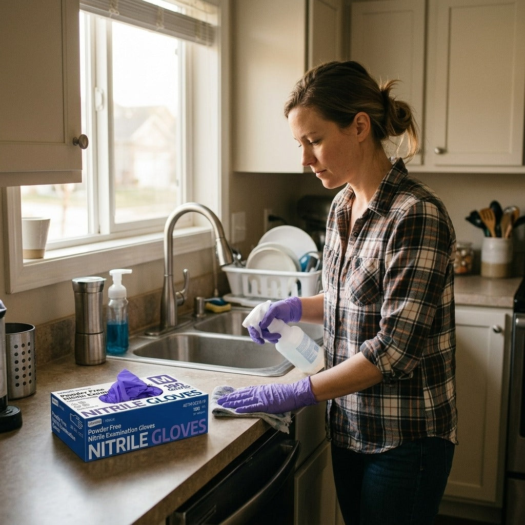 Purple Disposable Nitrile Gloves, 100 Pack - at home