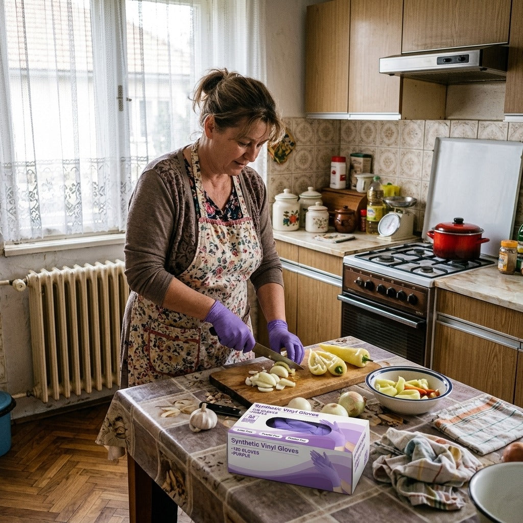 Lila, púdermentes nitril kesztyű - a mindennapokban