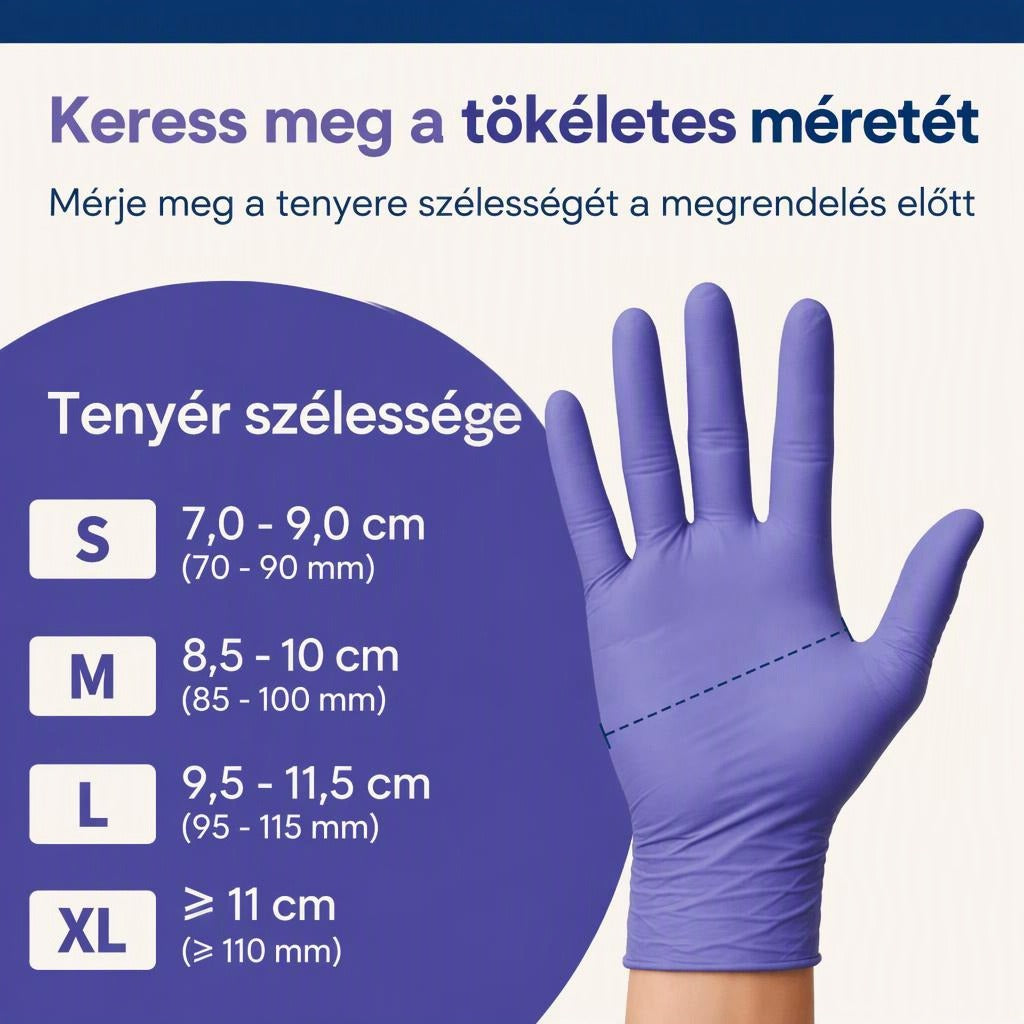 Gumikesztyű mérettáblázat a tenyér szélessége alapján S-től XL méretig.