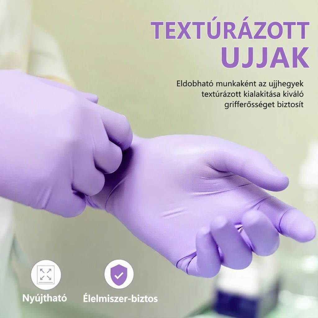 Lila gumikesztyűt felvevő kezek a termék tulajdonságaival.