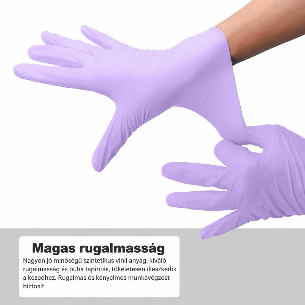 Lila eldobható vinilkesztyű nagy rugalmasságát bemutató kép nyújtás közben.