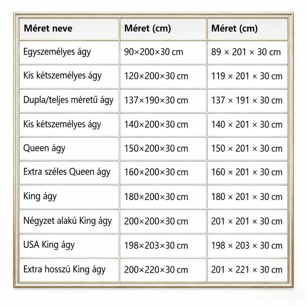 Mérettáblázat különböző ágyméretekkel és méretekkel centiméterben.