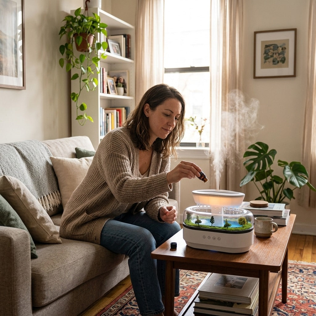 Raindrop Ultrasonic Humidifier and Oil Diffuser with Light - at home