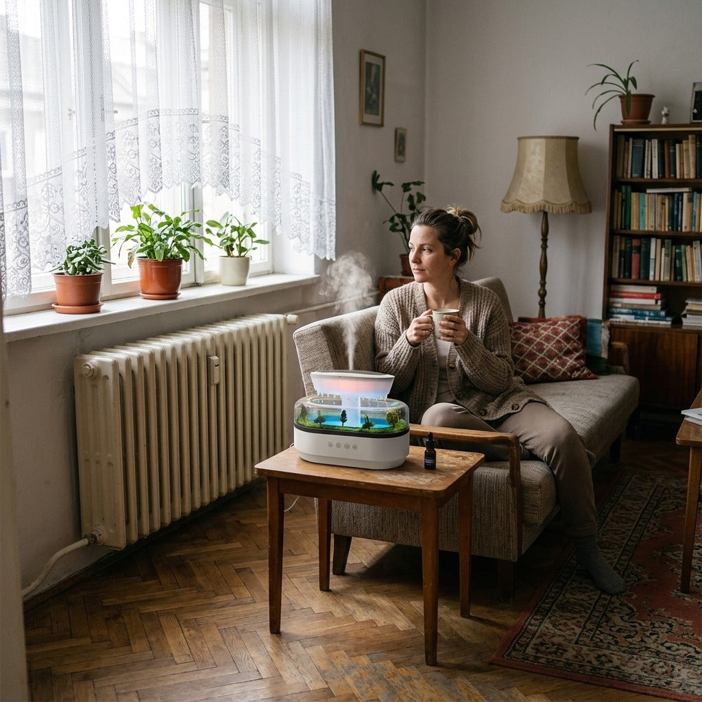 Ultrahangos párásító és olajdiffúzor csepp formában, fénnyel - otthon