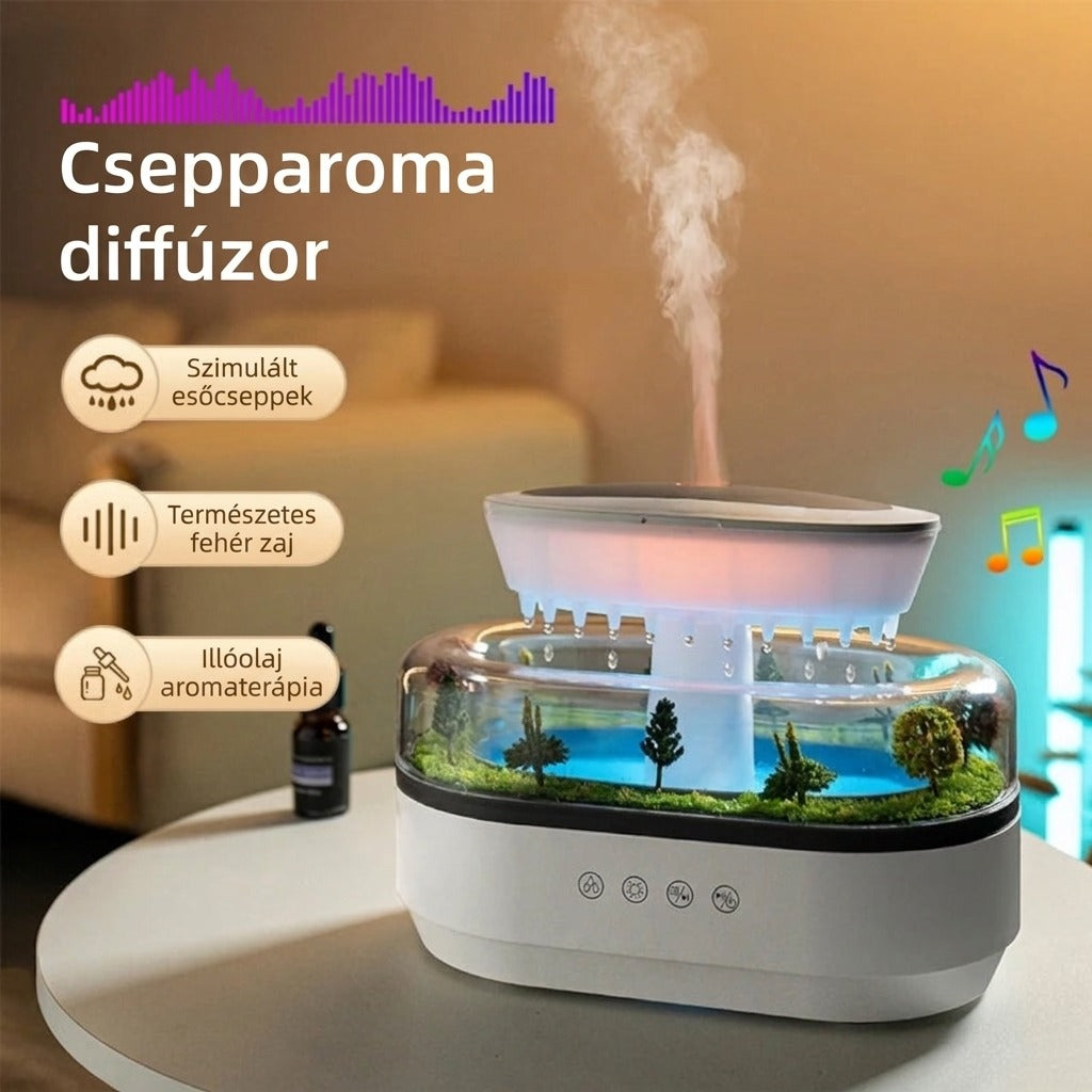 Csepparoma diffúzor esőcseppek fehér zaj aromaterápiával