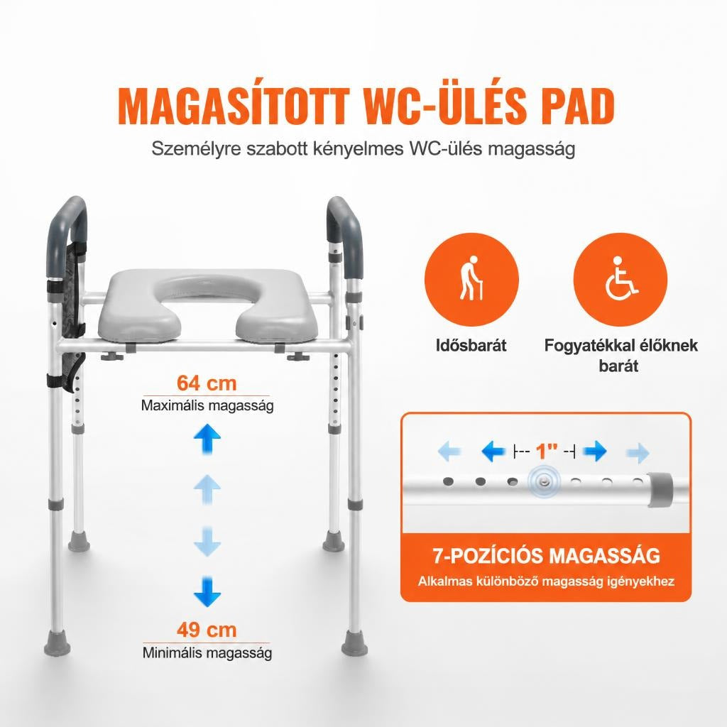 Állítható magasságú magasított WC-ülőke kerettel és méretekkel.