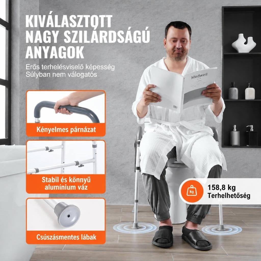 WC-biztonsági keret bemutatása kényelmes párnázattal, stabil alumínium vázzal és 158,8 kg teherbírással.