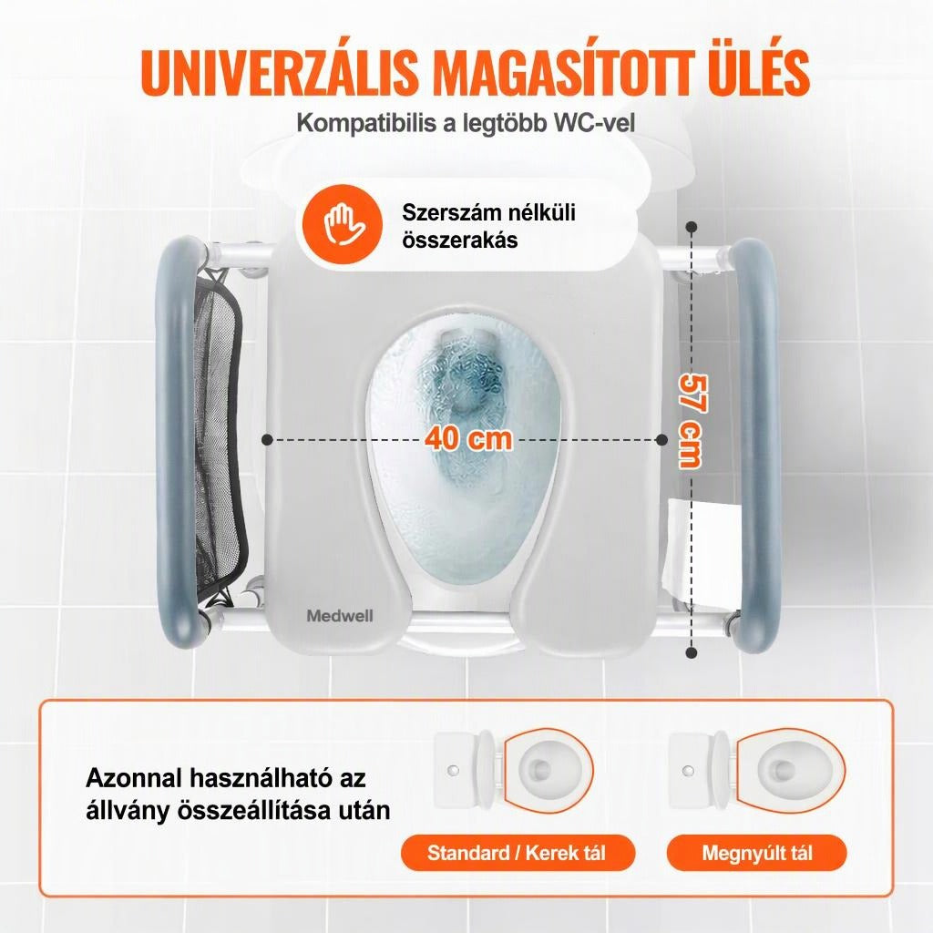 Univerzális magasított WC-ülőke méretekkel és kompatibilitási útmutatóval.