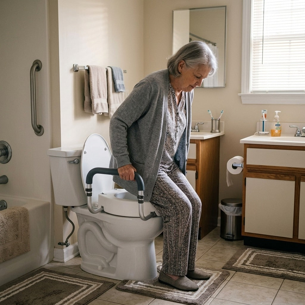 Raised Toilet Seat with Aluminum Handrail - at home