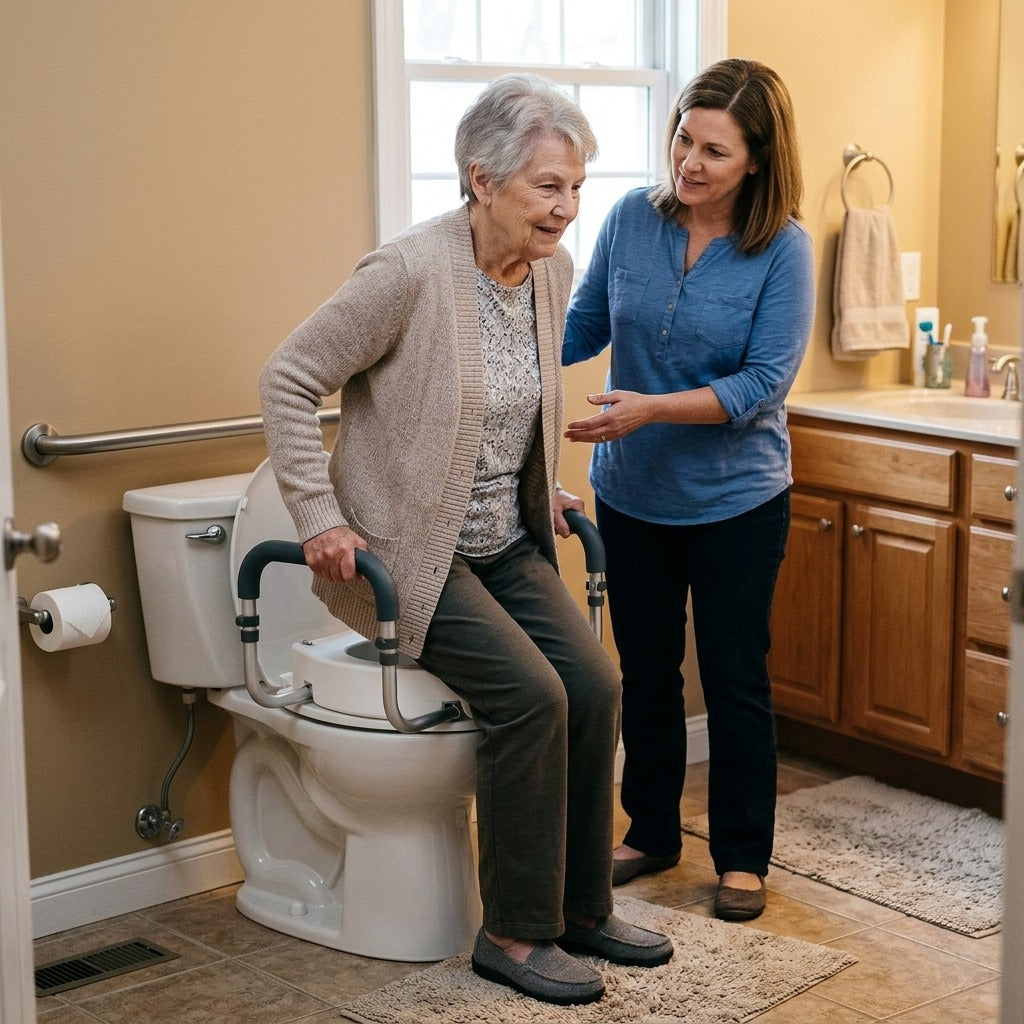 Raised Toilet Seat with Aluminum Handrail - in everyday life