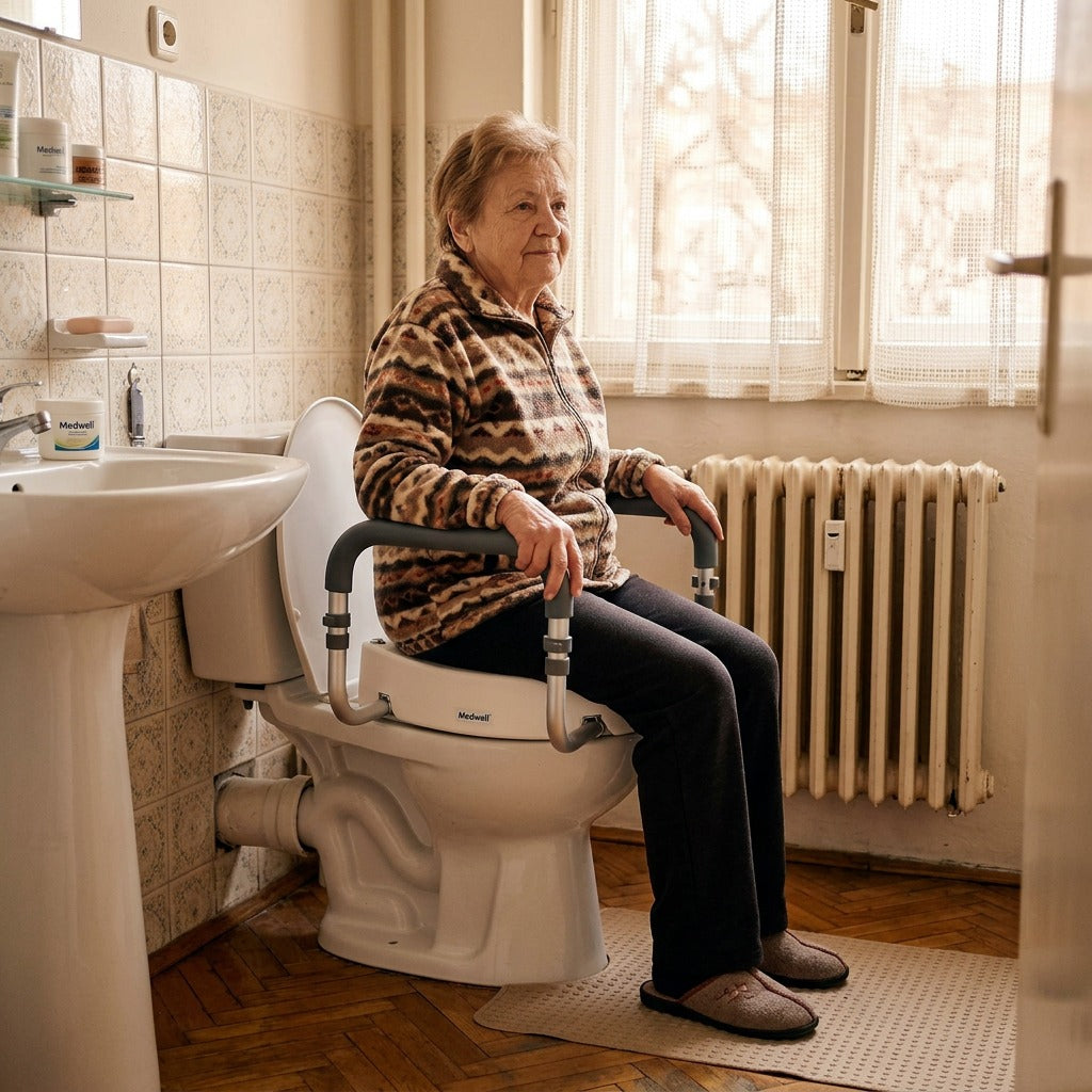 Megemelt WC-ülőke alumínium kapaszkodóval - otthon