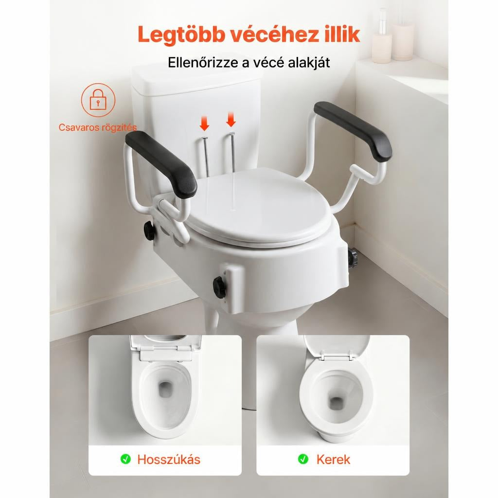 Vécé magasító karfákkal, hosszúkás és kerek vécécsészékhez csavaros rögzítéssel.