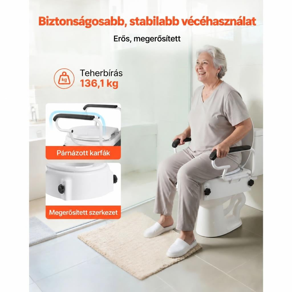 Idős nő kapaszkodós, magasított WC-ülőke használata közben egy világos fürdőszobában.
