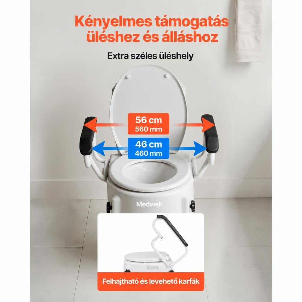 Magasított WC-ülőke felhajtható karfákkal és méretjelzésekkel.