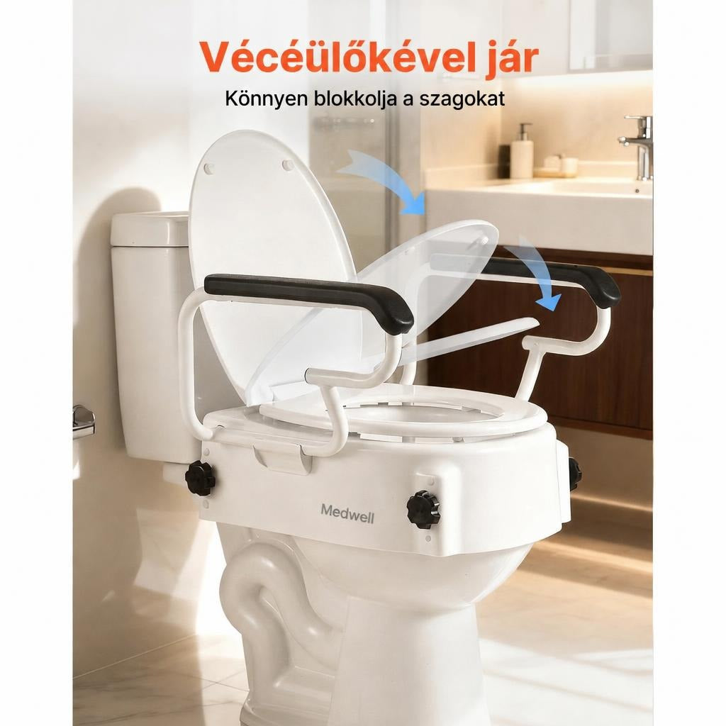 Vécéülőke-magasító lehajtható fedéllel és karfákkal a fürdőszobában.