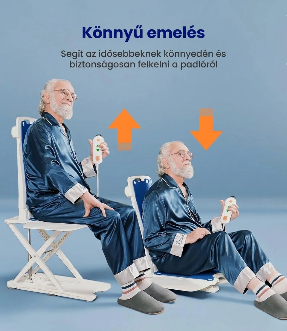 Idős férfi bemutatja az elektromos padlóliftet ülő és felemelt helyzetben.