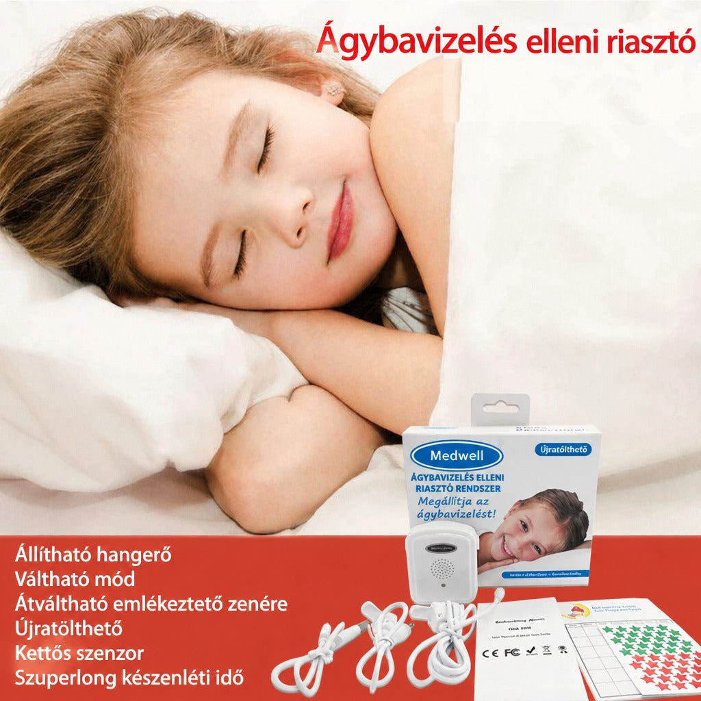 Alvó kislány és Medwell ágybavizelés elleni riasztó készülék dobozzal és tartozékokkal.