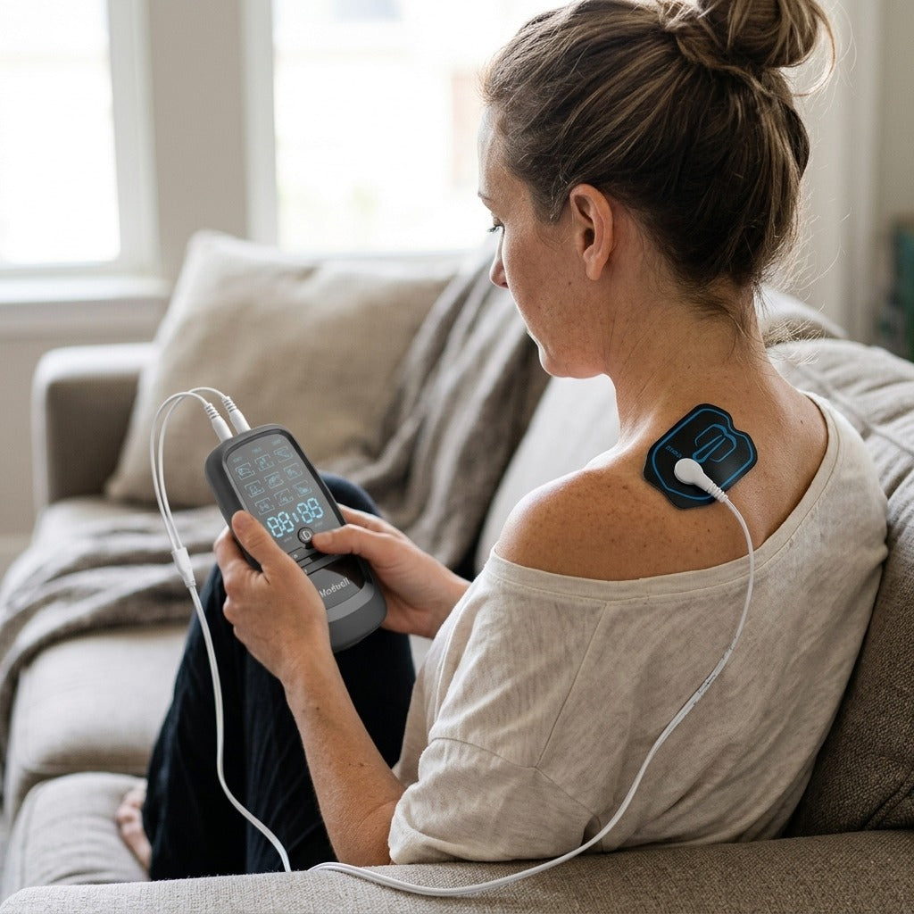 Rechargeable Dual-Output TENS Massager - in use