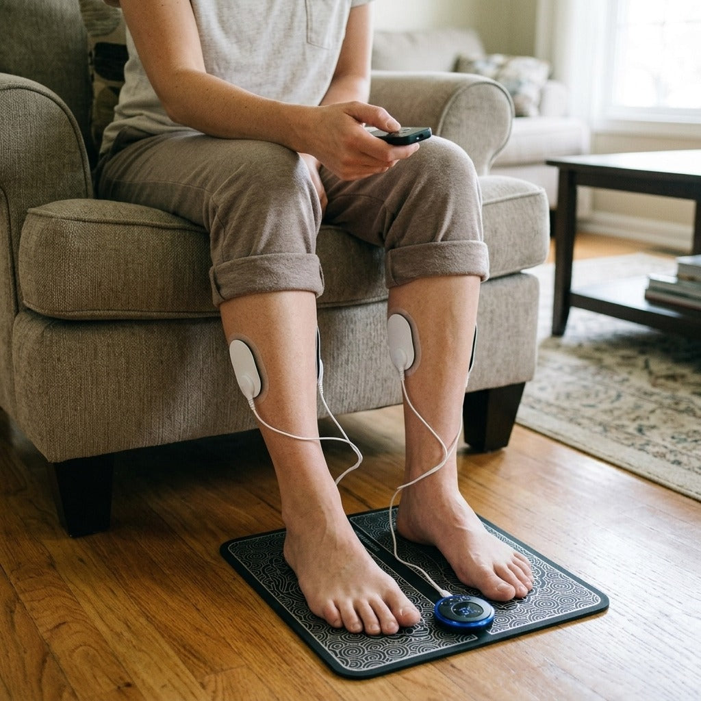 Rechargeable EMS Foot Massager Pad with Remote - in use