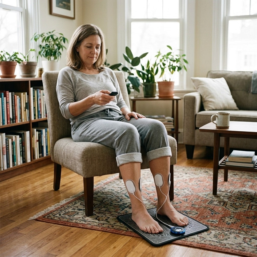 Rechargeable EMS Foot Massager Pad with Remote - at home