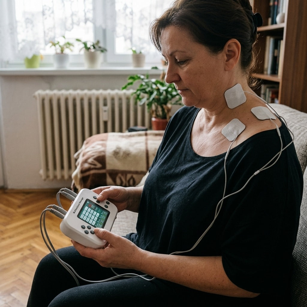 Újratölthető EMS izomstimuláló masszírozó - használat közben