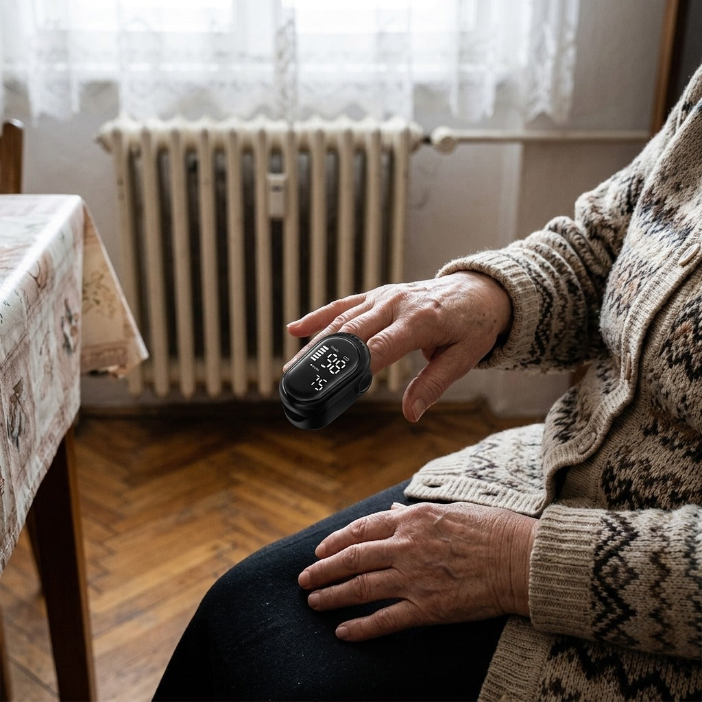 Újratölthető ujjbegyes pulzoximéter, nagy HD-kijelzővel - használat közben