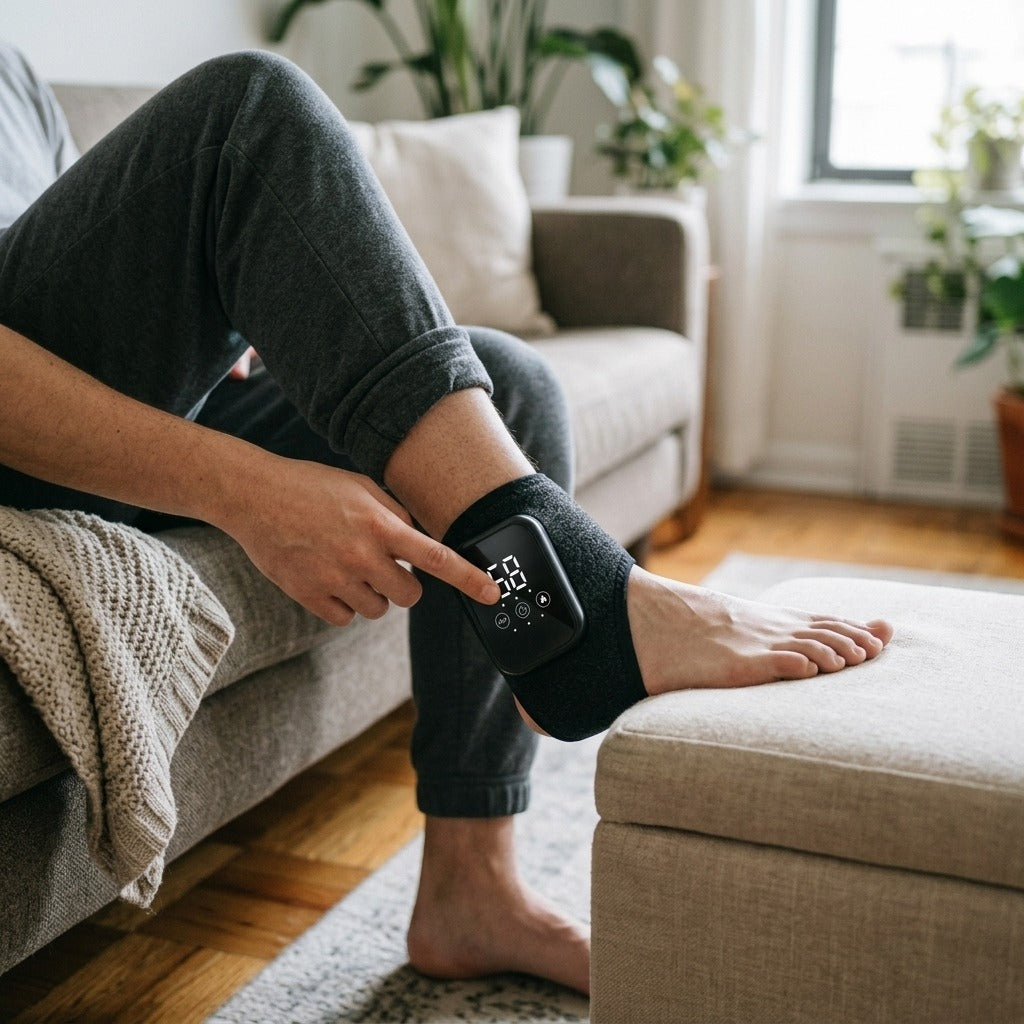 Rechargeable Heated Ankle Wrap with Vibration - in use