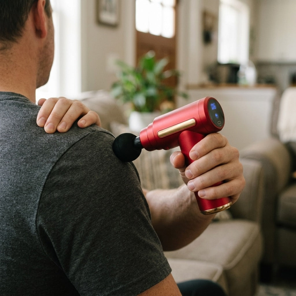 Rechargeable Mini Massage Gun with LCD Display - in use