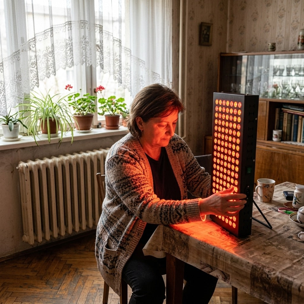 Vörös és közeli infravörös LED-terápiás panel - használat közben