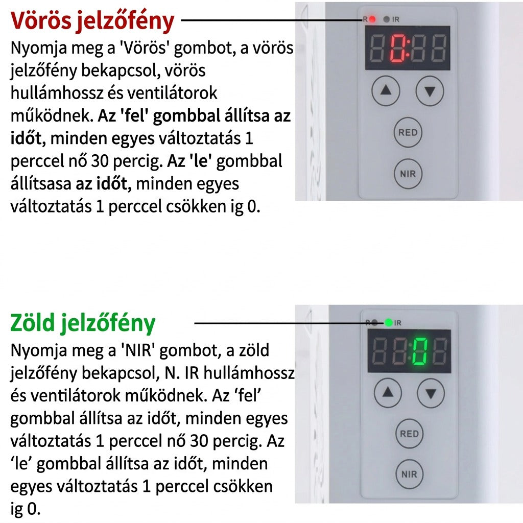 Vörösfény és NIR gomb kezelése, időbeállítás intézményi