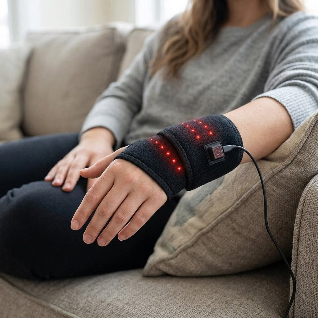 Red Light Heating Support Wrap for Hand and Wrist - in use