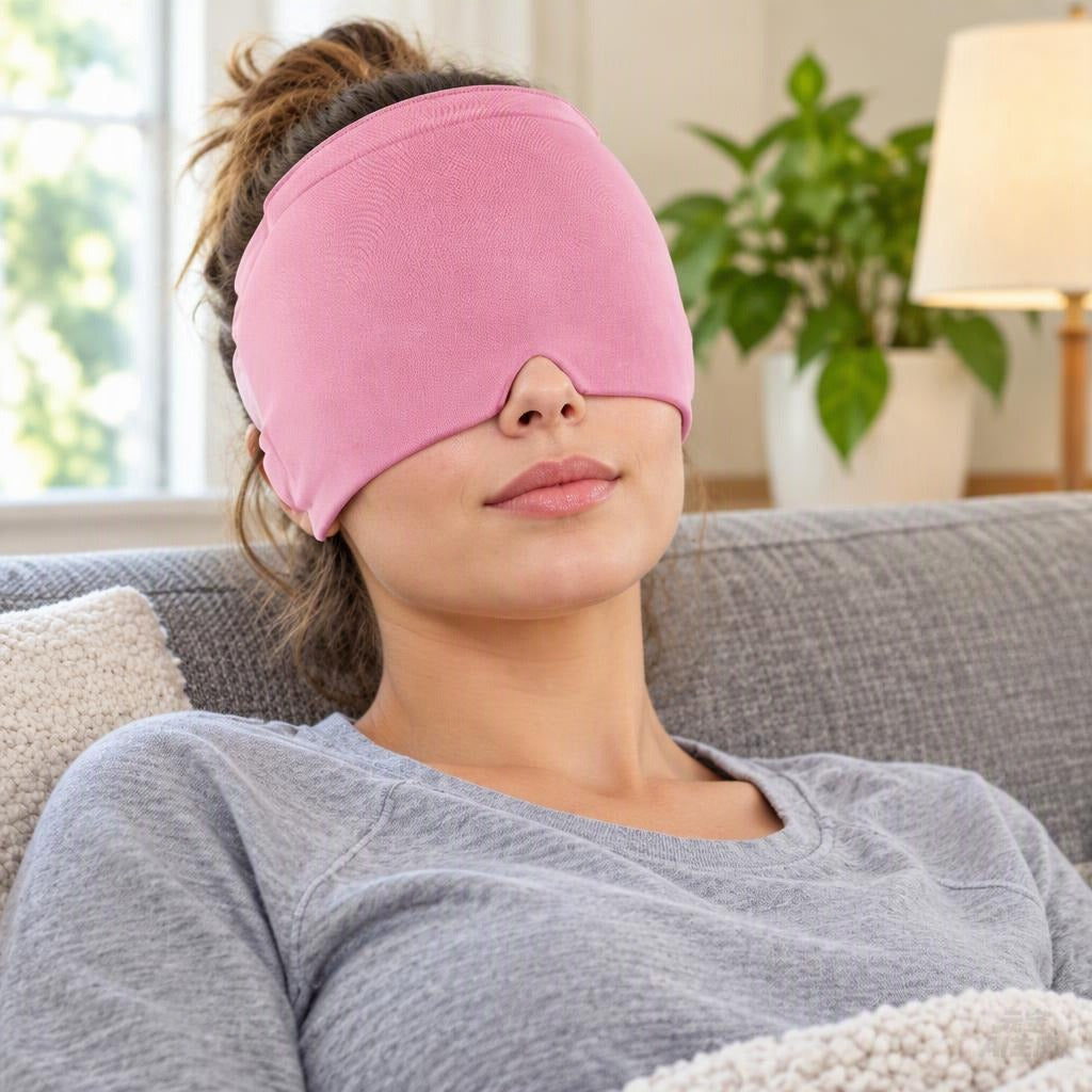 Reusable 3D Gel Ice Head Wrap - in use