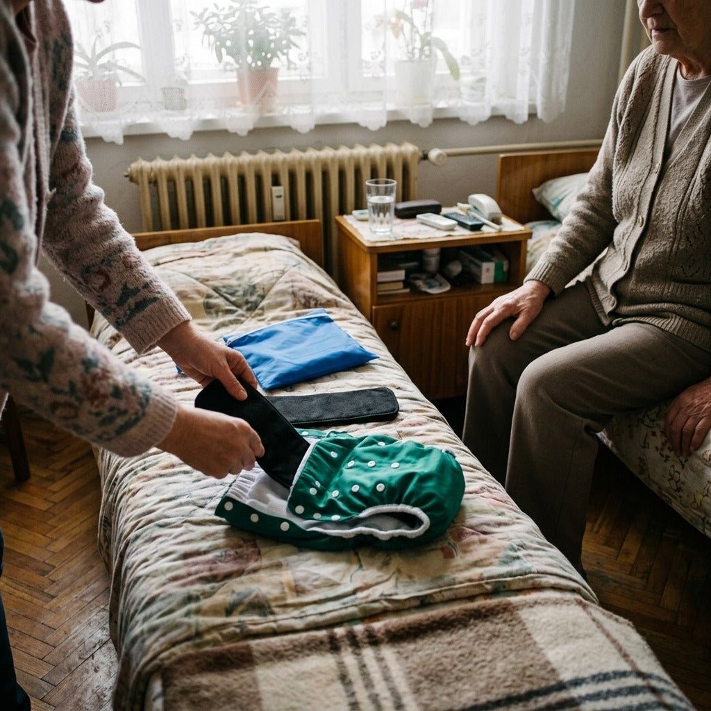 Újrahasználható felnőtt textilpelenka betétekkel - használat közben