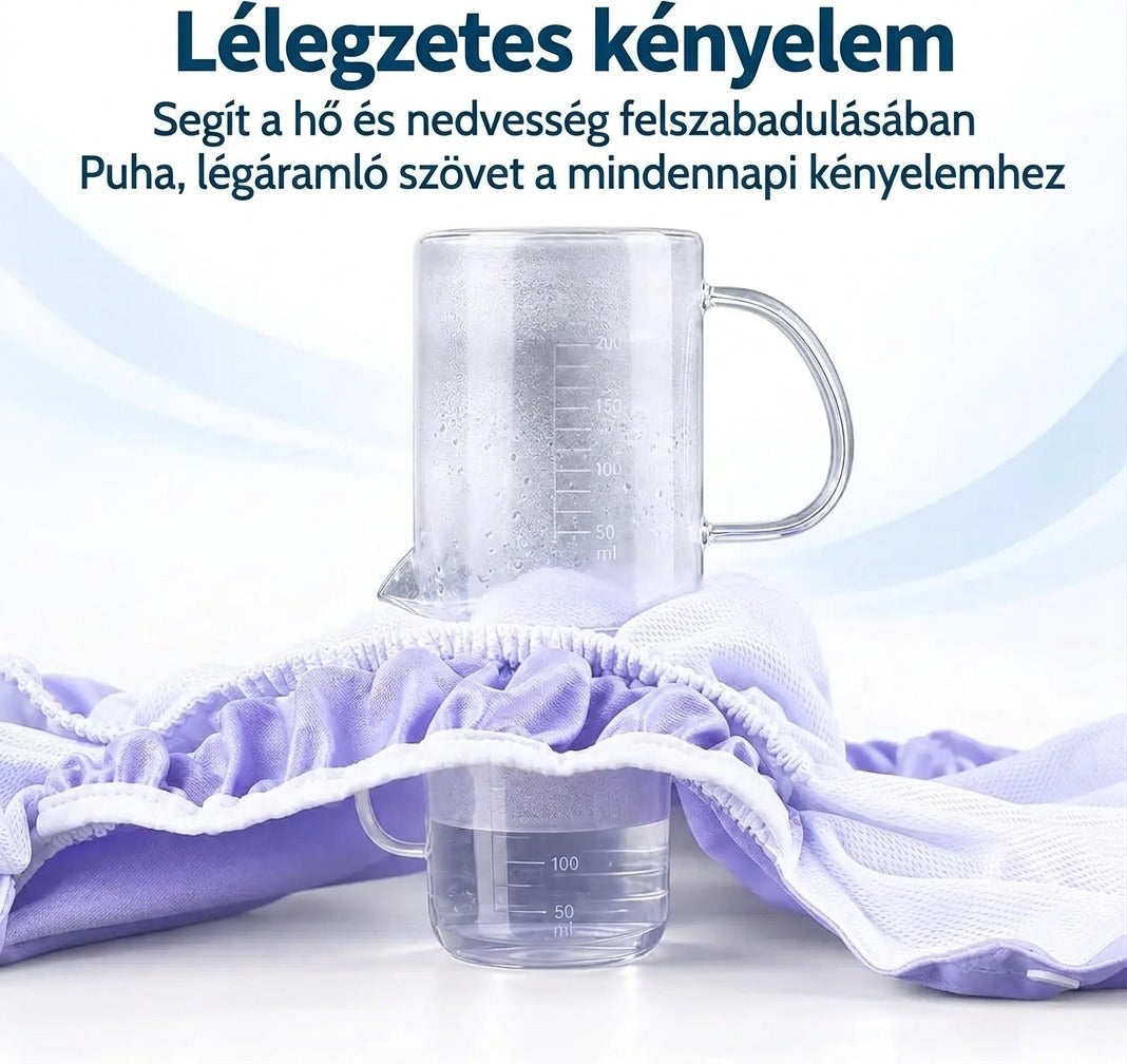 Légáteresztő teszt üvegpoharakkal és lila textilanyaggal a szellőzés bemutatására.