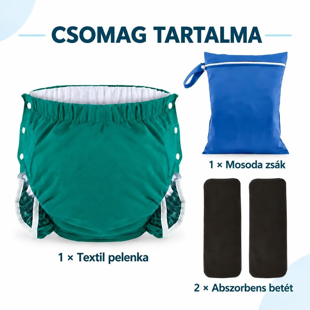 A csomag tartalma: egy zöld textil pelenka, egy kék mosodazsák és két fekete abszorbens betét.
