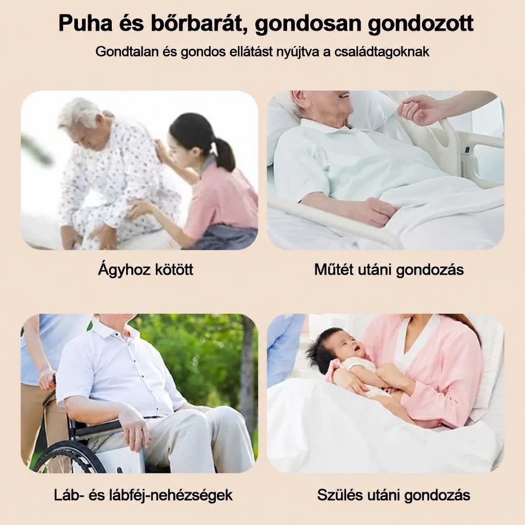 Négy kép különböző gondozási helyzetekről: ágyhoz kötött, műtét utáni, mozgáskorlátozott és szülés utáni állapot.