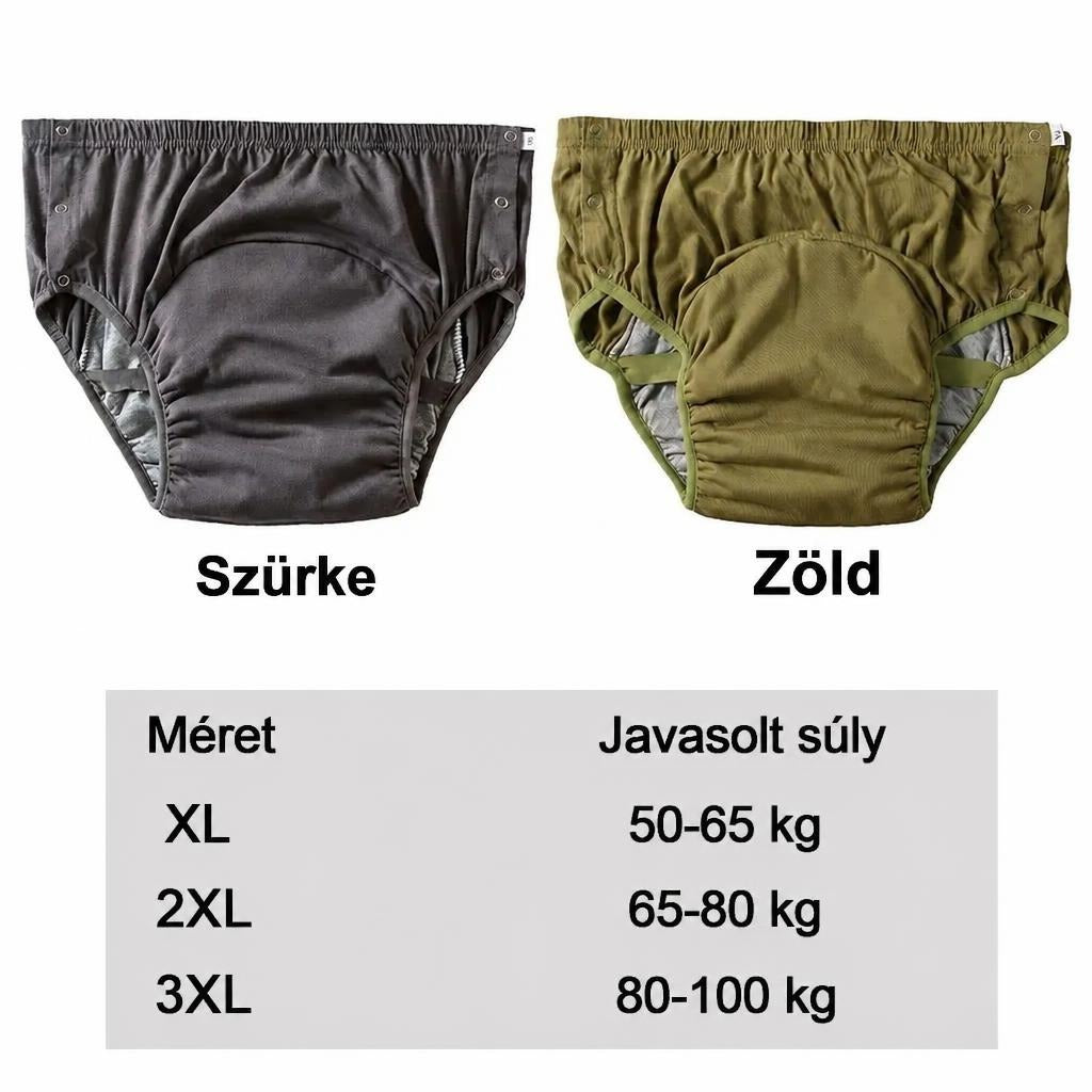 Szürke és zöld színű felnőtt mosható pelenka mérettáblázattal a javasolt testsúly szerint.