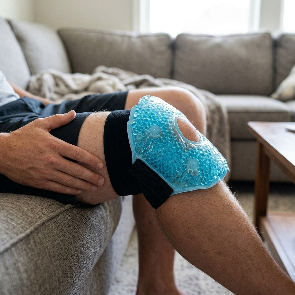 Reusable Gel Ice Wrap with Adjustable Strap - in use